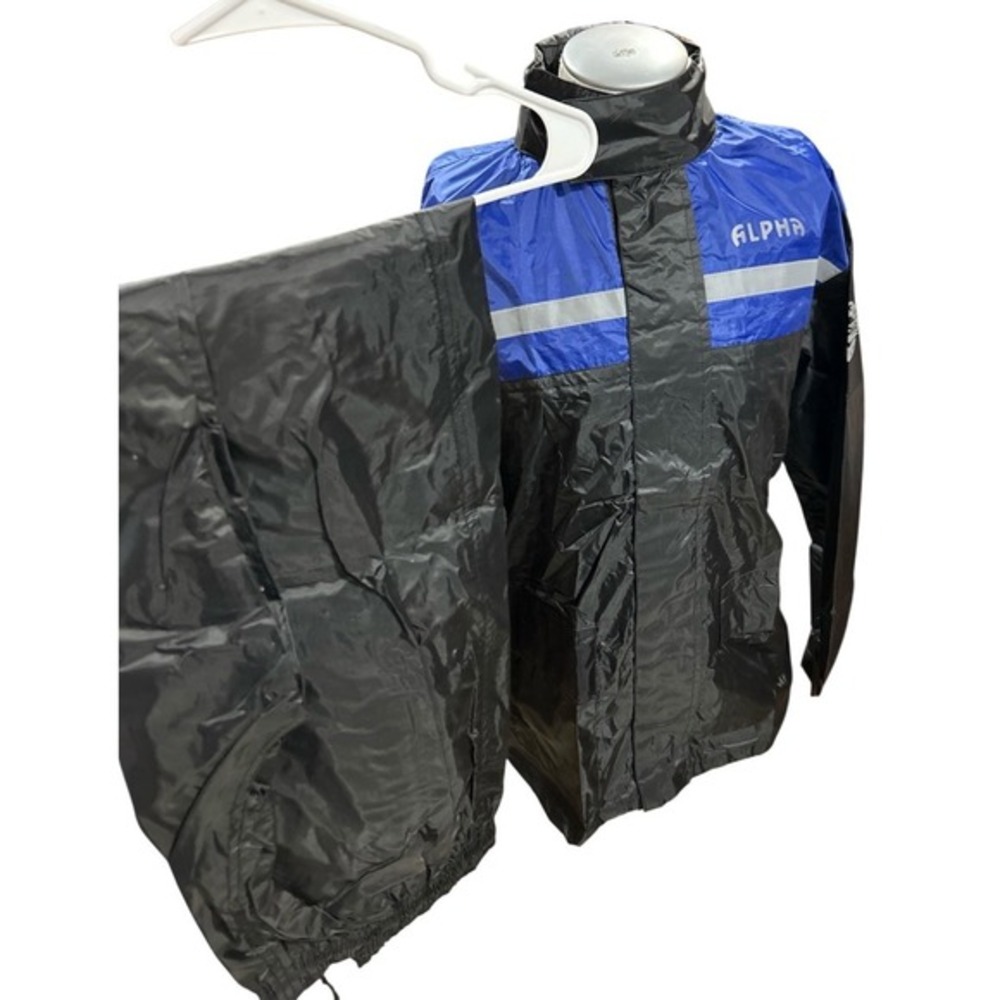 Alpha Motorcycle Cycle Gear Rain Suit jacket pants Men Or Women M Black Blue Bag